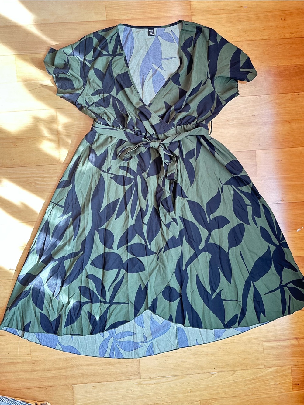 SHEIN Olive Green and Black Leaf Print Midi Wrap Dress
